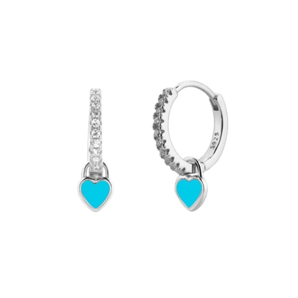 Sterling silver Teal Heart diamond hoop earrings